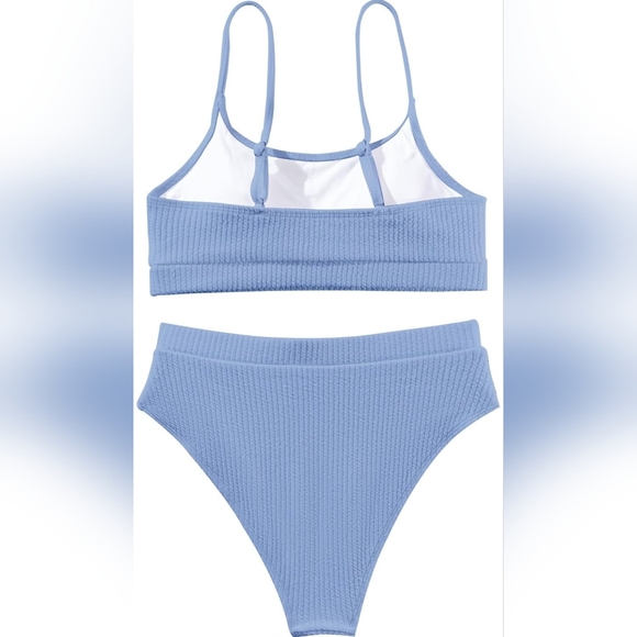 High Waisted Tummy Control Ribbed Bikini Crop Top Brazilian Swimsuit Set 2 Piece - Picture 4 of 7